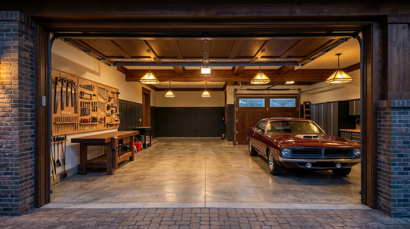 Woodland Garage Door Service Interior View of Custom Garage Door Overhead and Workshop